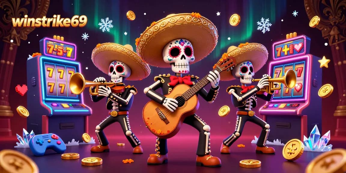 Experience the excitement of winstrike69 with our vibrant 3D cartoon skeleton mariachi band amidst festive casino elements!