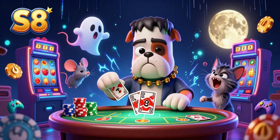 S8 players enjoying a vibrant 3D casino scene with a bulldog monster dealer and exciting slot machines