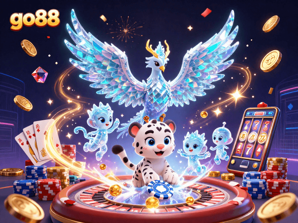 Engage with go88's immersive gaming experience featuring a phoenix, snow leopard, and sparkling casino elements.