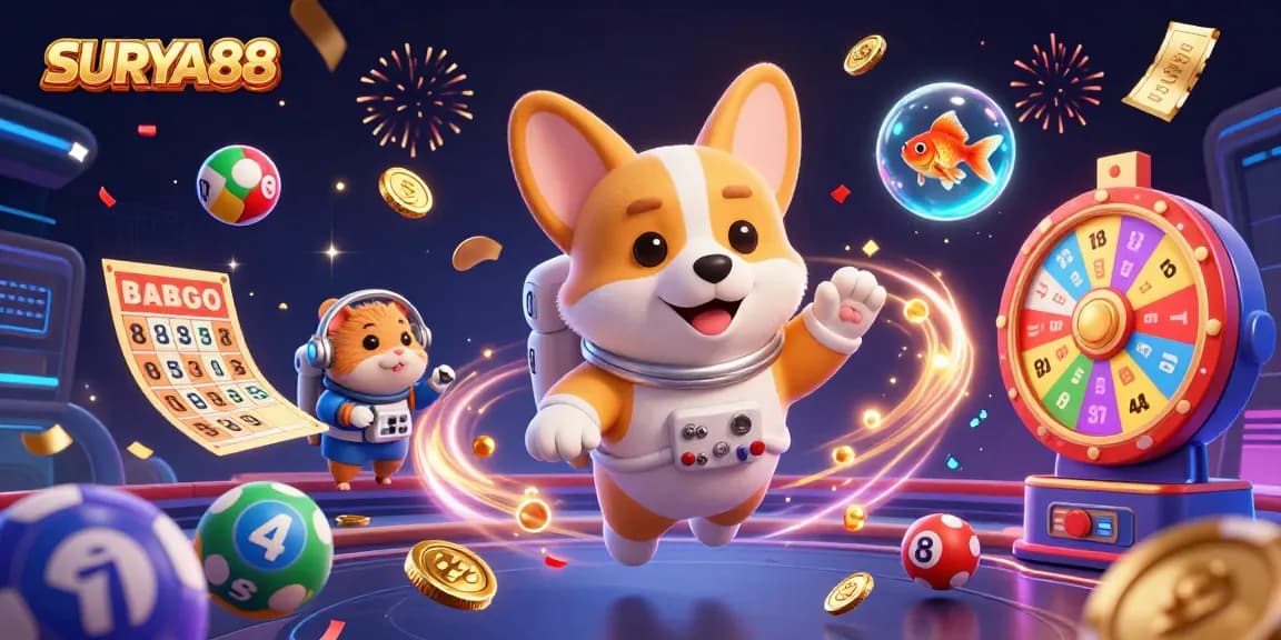 SURYA88 showcases a vibrant casino scene with a floating corgi, hamster control, and colorful game elements