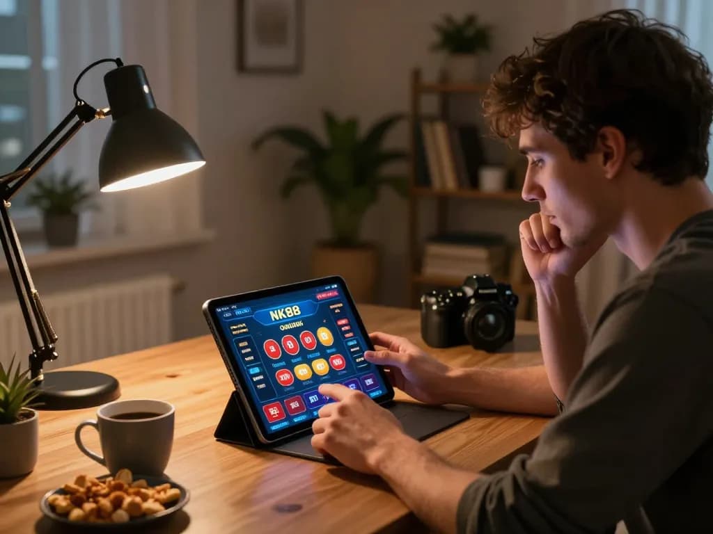 Player engaging with the NK88 online casino app, showcasing a strategic gaming experience in a cozy home.