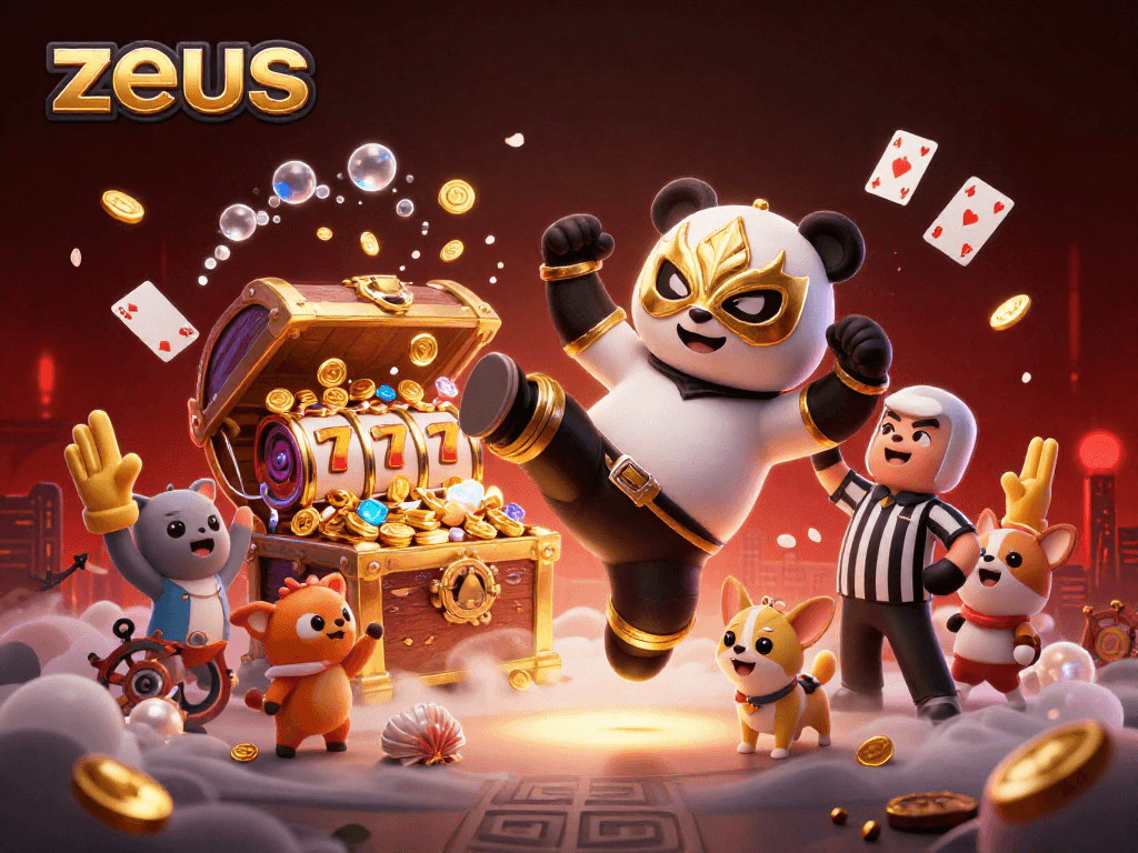 Engage with zeus slot gameplay as a panda wrestler performs an epic flying kick amidst a vibrant casino scene.