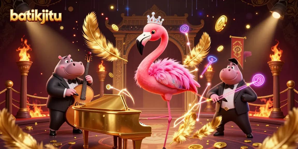 Batikjitu tampil megah dalam ilustrasi 3D dengan penyanyi flamingo dan bassist hippo di latar kasino yang penuh warna.