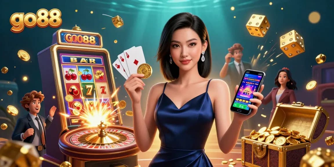Engage with go88's vibrant casino excitement featuring a stunning woman showcasing her winning strategy.