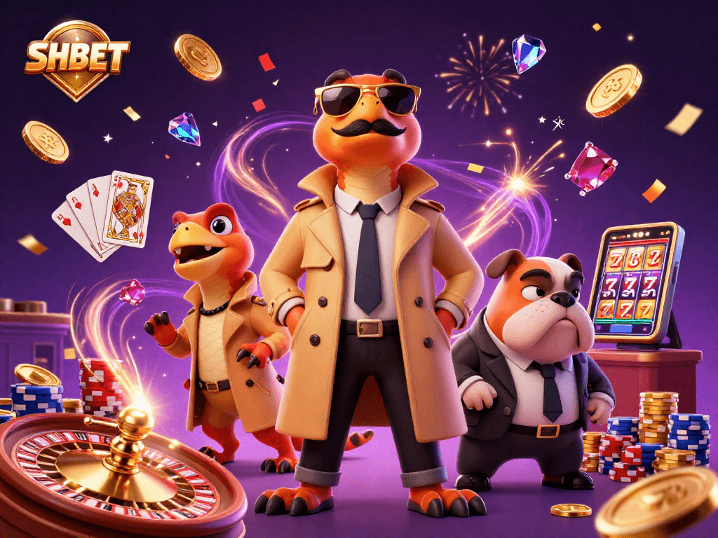 Join SHBET and win big with this vibrant casino scene featuring raptors pretending to be in a VIP lounge.