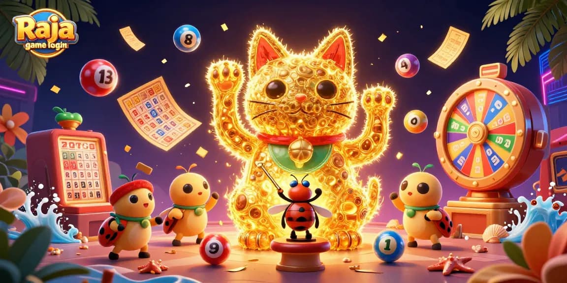 Engage in exciting gameplay with Raja game login, showcasing a lucky cat and colorful lottery elements in a vibrant casino atmosphere.