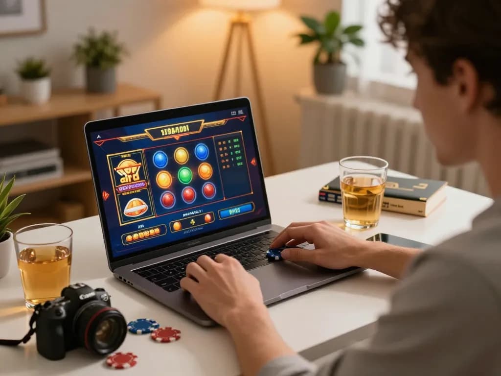 Engaged player enjoying situs slot gacor on laptop, showcasing cozy home gaming setup for responsible gambling.