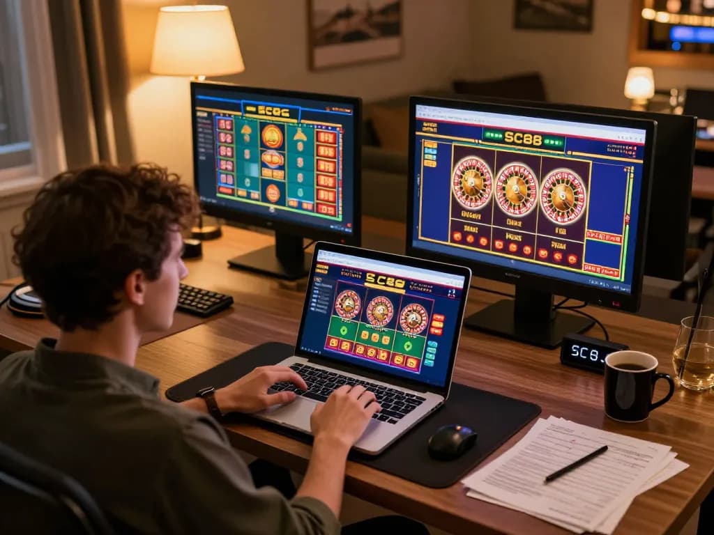 Engaging in online casino games at SC88, highlighting laptop and comfort setup.