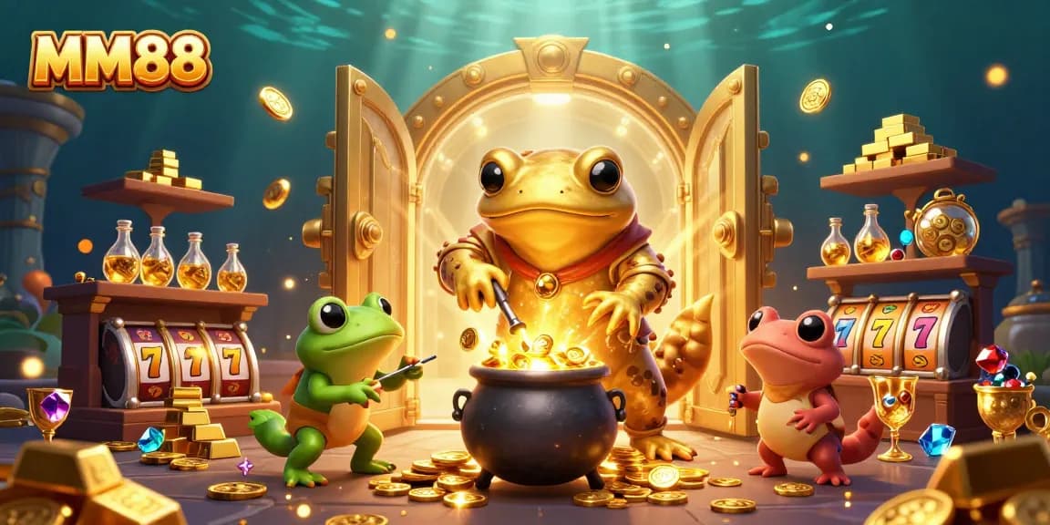 MM88 engages players with a dazzling illustration of a golden alchemist among slot game treasures.