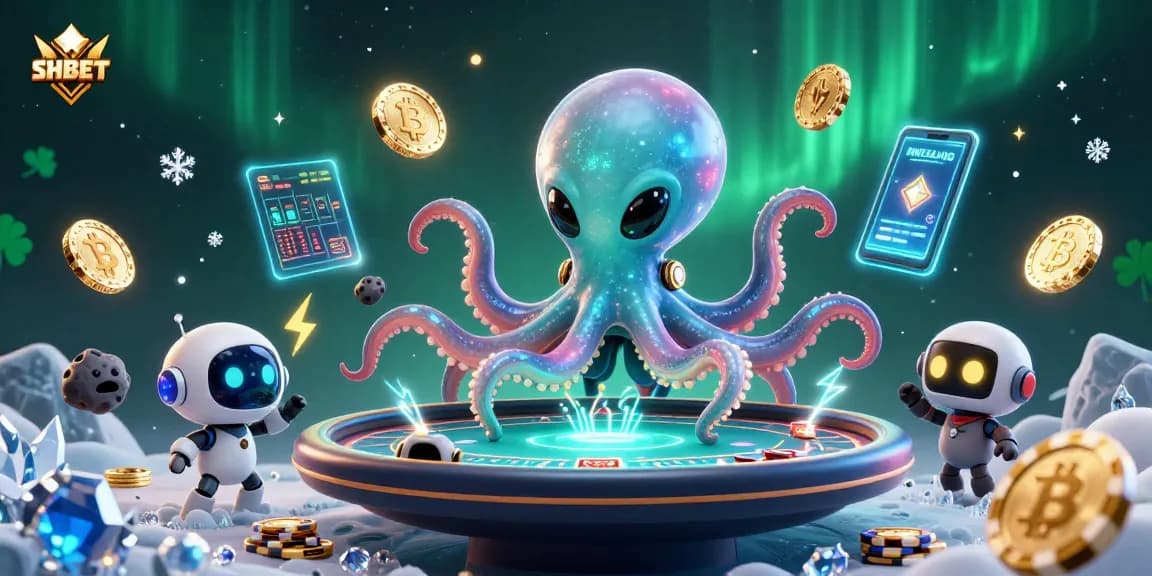 Experience exciting gameplay at SHBET with a cartoon alien octopus in an exciting casino scene.