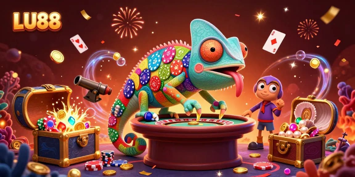 LU88 chameleon casino owner catching gold coins amidst vibrant casino elements in a dynamic scene.