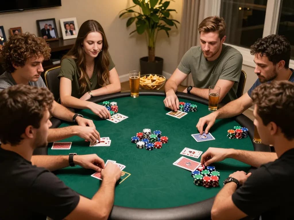 Engaging poker night with friends enjoying gaming strategies, showcasing 98win excitement through rich interactions.