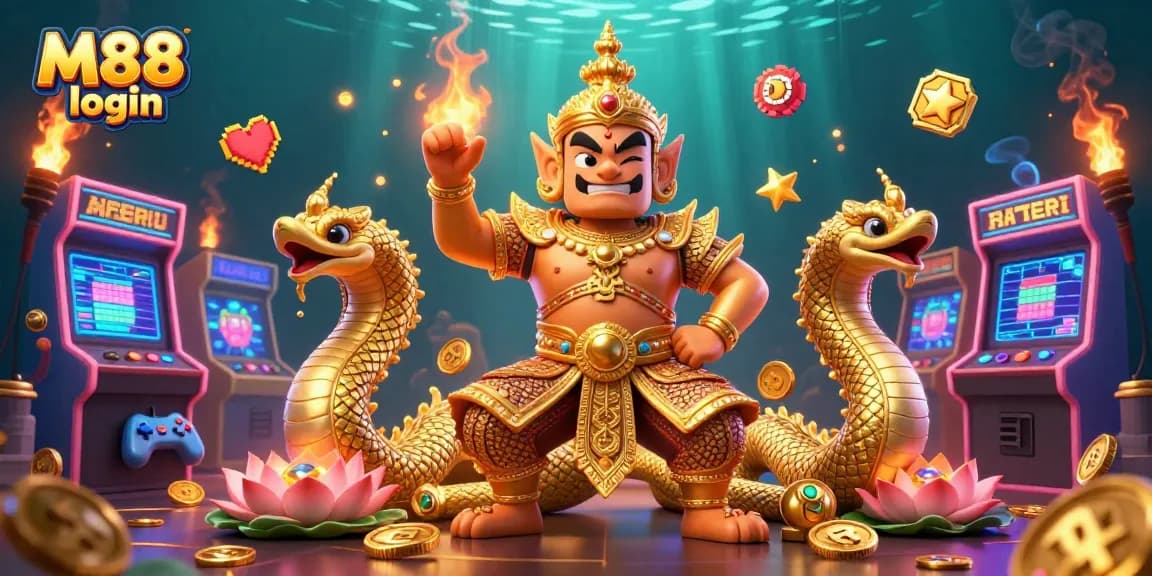 Engage in thrilling gameplay with M88 login, featuring vibrant casino elements and character dynamics.
