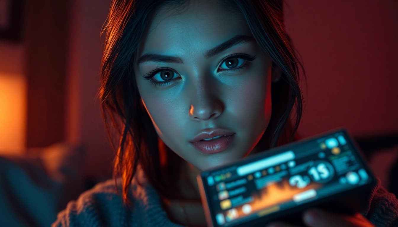 AI nsfw character in an inviting, warm-lit room, emphasizing modern intimacy and digital engagement.