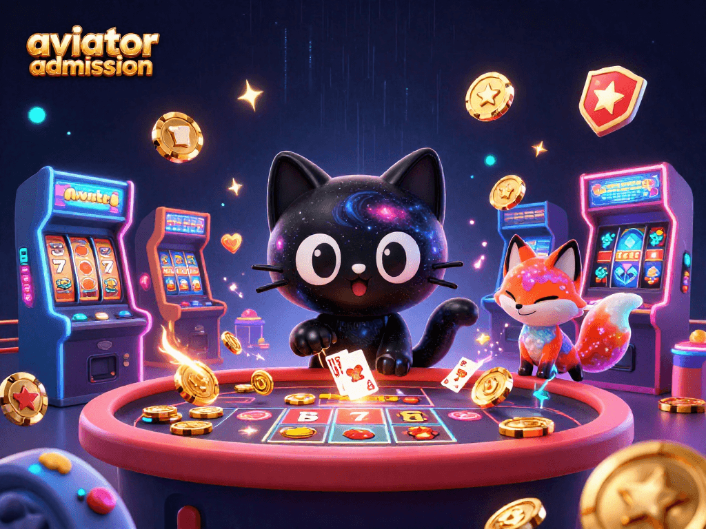 Aviator admission showcases an engaging cosmic casino scene with a captivating black hole cat and colorful nebula fox.