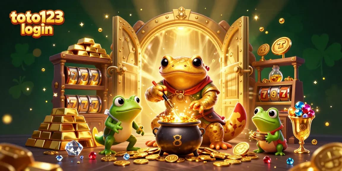 Toto123 login to explore a vibrant, dynamic 3D casino scene with gold coins and jackpots.