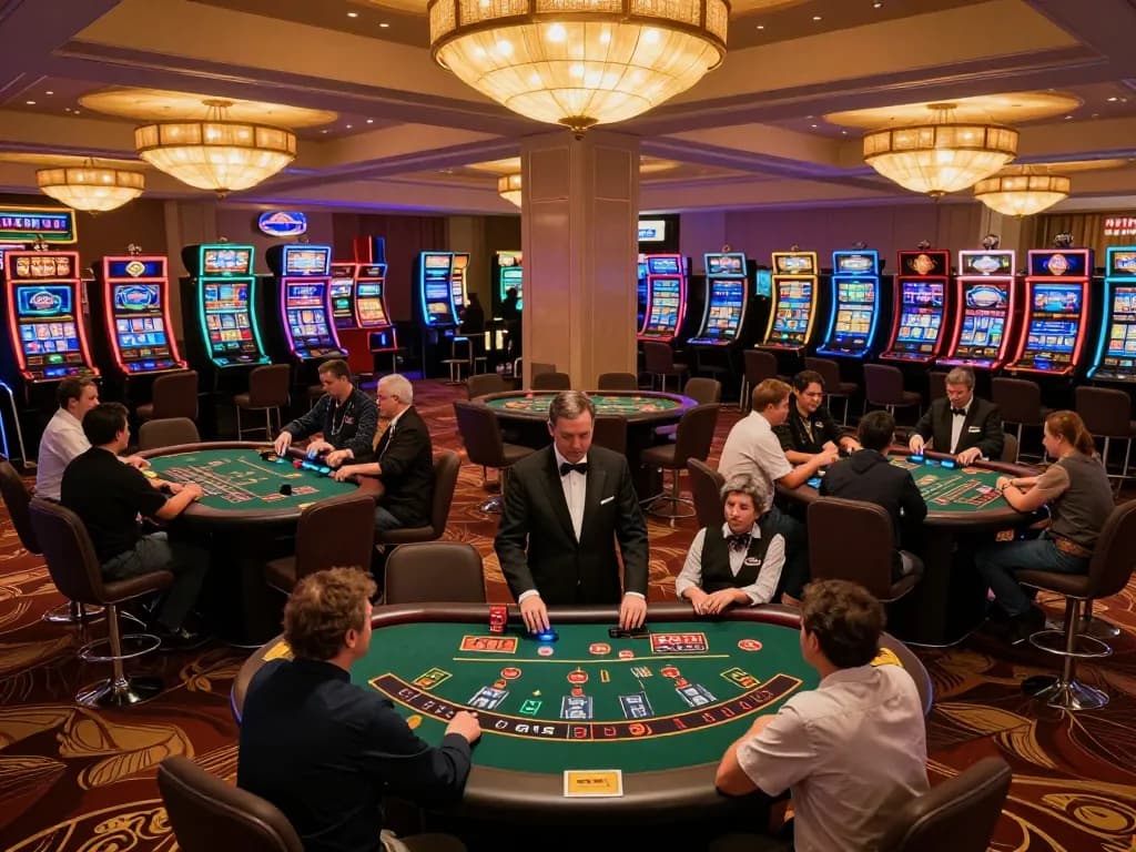 Players enjoying blackjack and slot machines at hm88 com casino with vibrant ambiance.