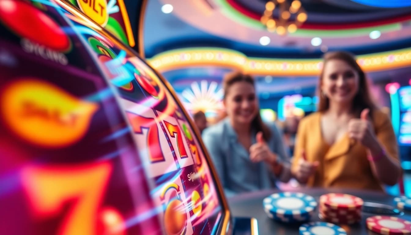 Slot Game menampilkan antarmuka mesin slot yang berwarna-warni dan pemain yang bahagia.
