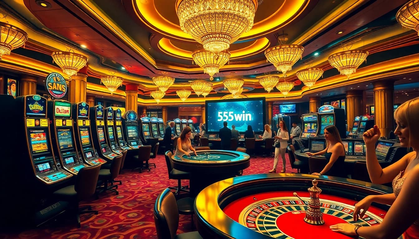 Experience the thrill of winning at 555 win casino with vibrant gambling scenes and excited players.