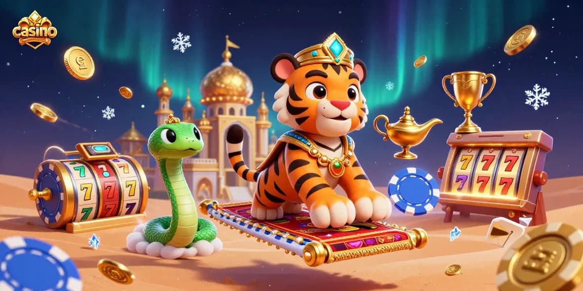 Win big at the casino with a vibrant display of slot reels and an Arabian-themed sultan.