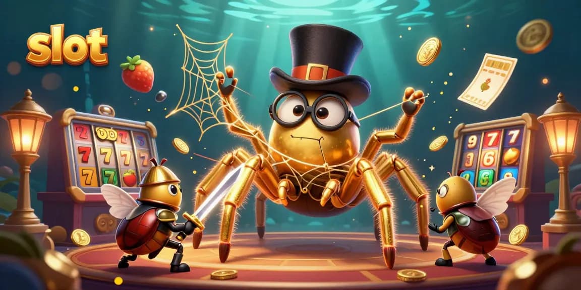 Engage with slot gaming excitement featuring a lucky tarantula weaving golden threads of fortune