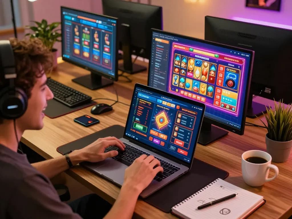 Engaging in online gaming with laptop displaying various m121 casino games, showcasing user excitement.