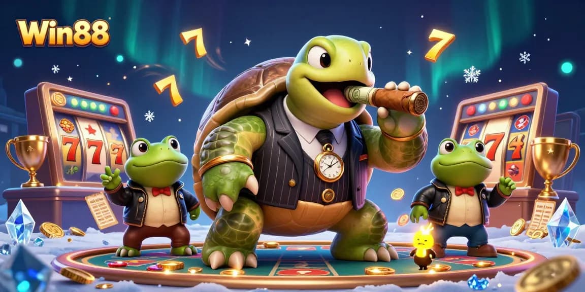 Win88 provides an exciting gaming experience with dynamic slot games featuring a vibrant snapping turtle and frog enforcers.