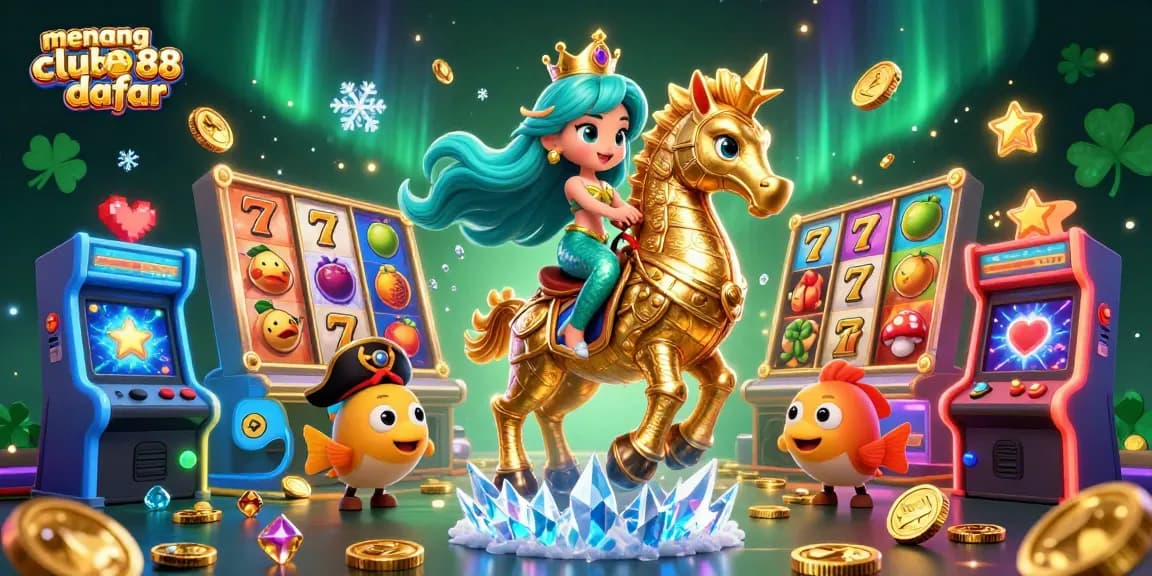 Engage with menangclub88 daftar for exciting gameplay featuring a mermaid princess and golden seahorse in a vibrant casino world.