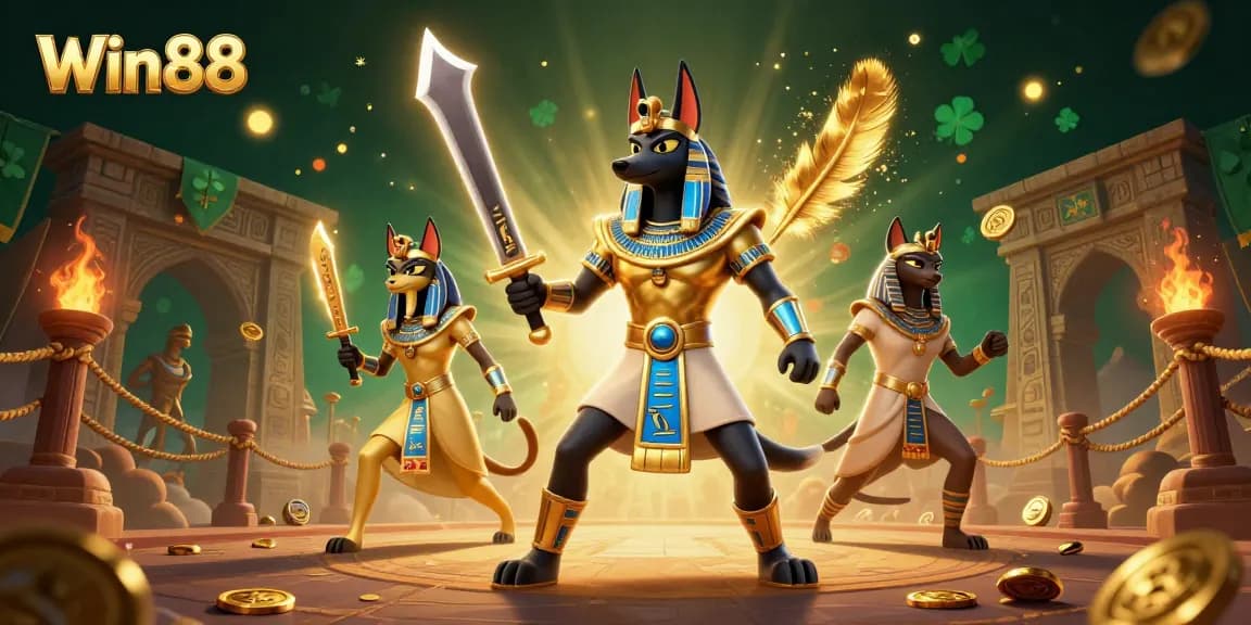 Engage with thrilling gaming action at Win88, featuring heroic Anubis and glowing icons.
