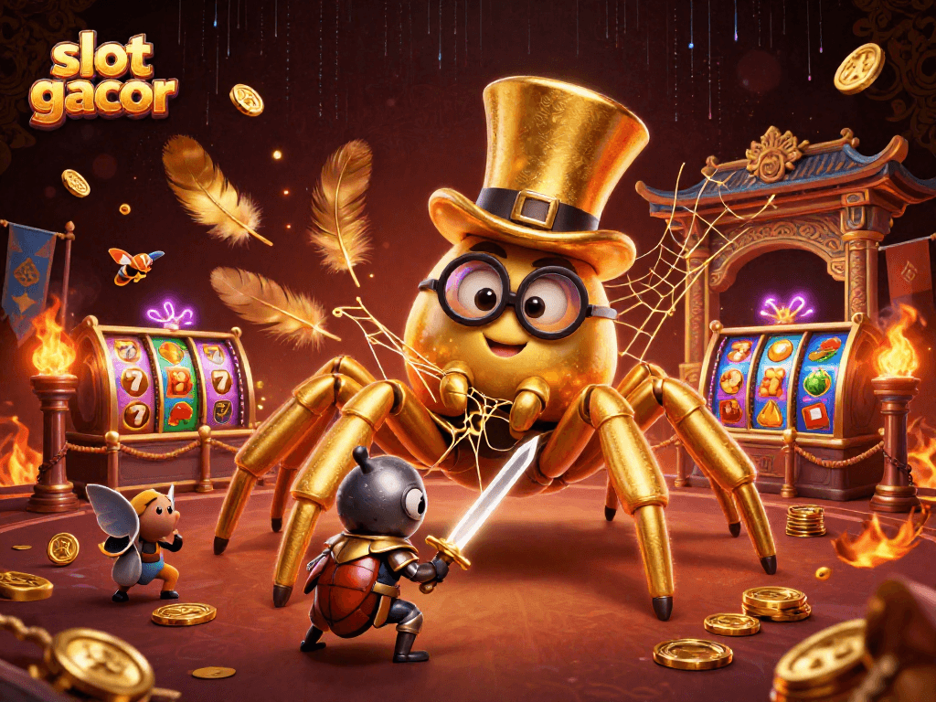 Engage with slot gacor gameplay in a vibrant casino scene featuring a golden tarantula and beetle knight.