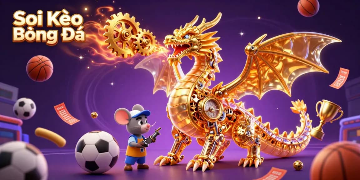 Soi Kèo Bóng Đá features a dragon and mouse in a dynamic sports betting scene with footballs and stadium elements.