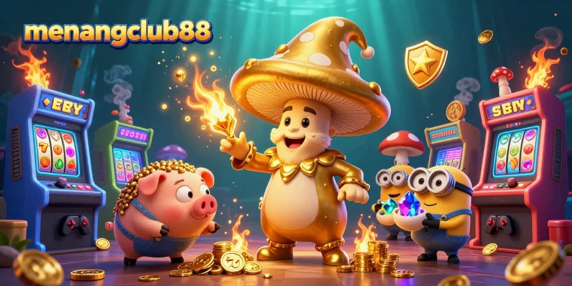 Experience the thrill at menangclub88 with a golden mushroom wizard and rich casino-themed elements.