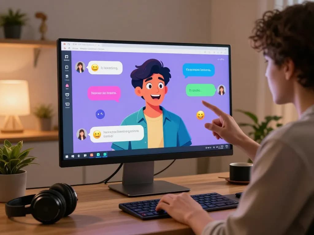 Interactive NSFW AI character chat displayed in a vibrant home office environment.