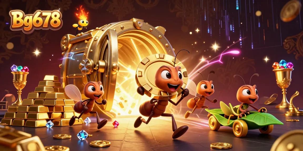 Engage in thrilling gambling action with Bg678, featuring animated ants and glittering casino elements.