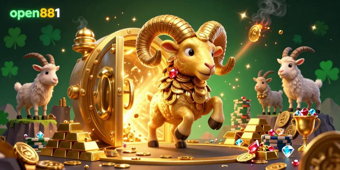 Experience the excitement of open881 with golden figures and shimmering treasures in this vibrant casino illustration.