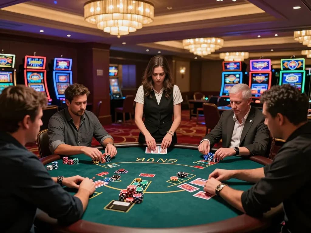 Gamblers at a blackjack table in a vibrant casino, reflecting the reliable choices of nhacaiuytin.