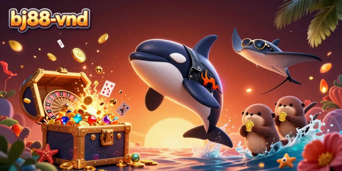 Bj88-vnd captures gamblers enjoying vibrant casino action with 3D orca, stingray, and otters amidst a treasure explosion.