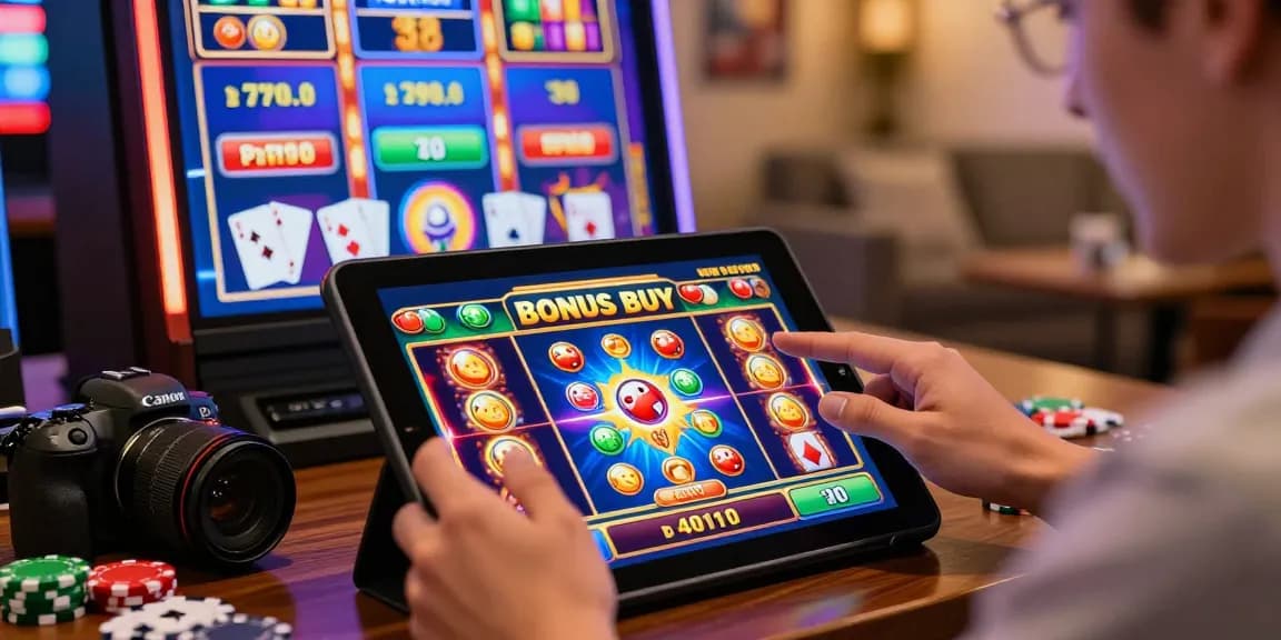 Player enjoying bonus buy slots game on tablet amidst casino elements.