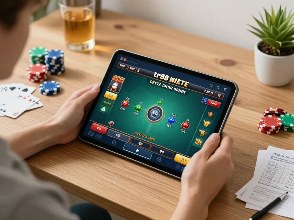 Engaging in a thrilling tr88 game on a tablet in a stylish home setup, capturing the excitement of online gambling.
