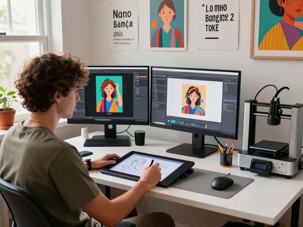 Digital artist utilizing nano banana 2 AI image editor in a vibrant home studio, showcasing creativity and advanced technology.