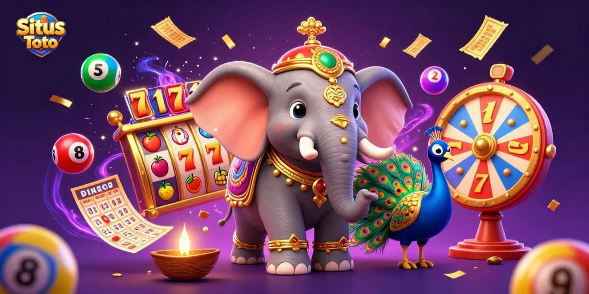 Situs Toto showcases vibrant slot reels and a dynamic scene with lottery elements for an engaging gambling experience.