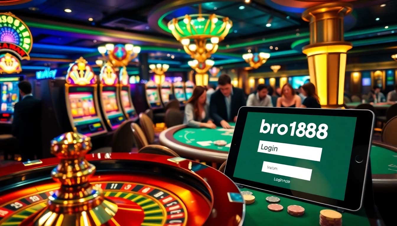 Experience the thrill of online gambling with bro138 login at a luxurious casino setting featuring slot machines and poker tables.