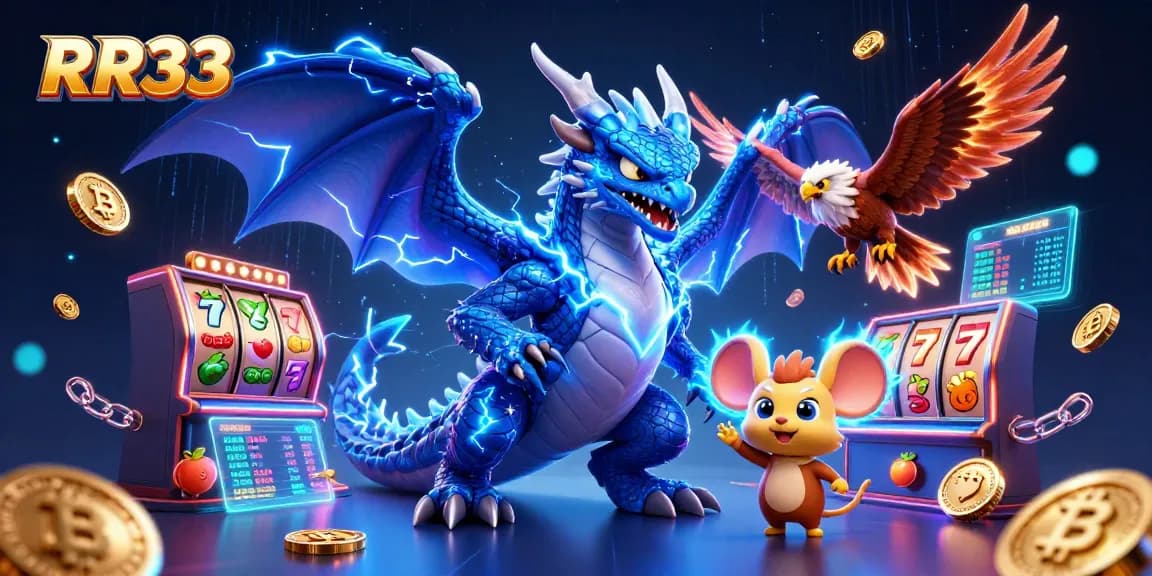 Spin to win with RR33 in an electrifying 3D casino scene filled with dragons and magical jackpots.