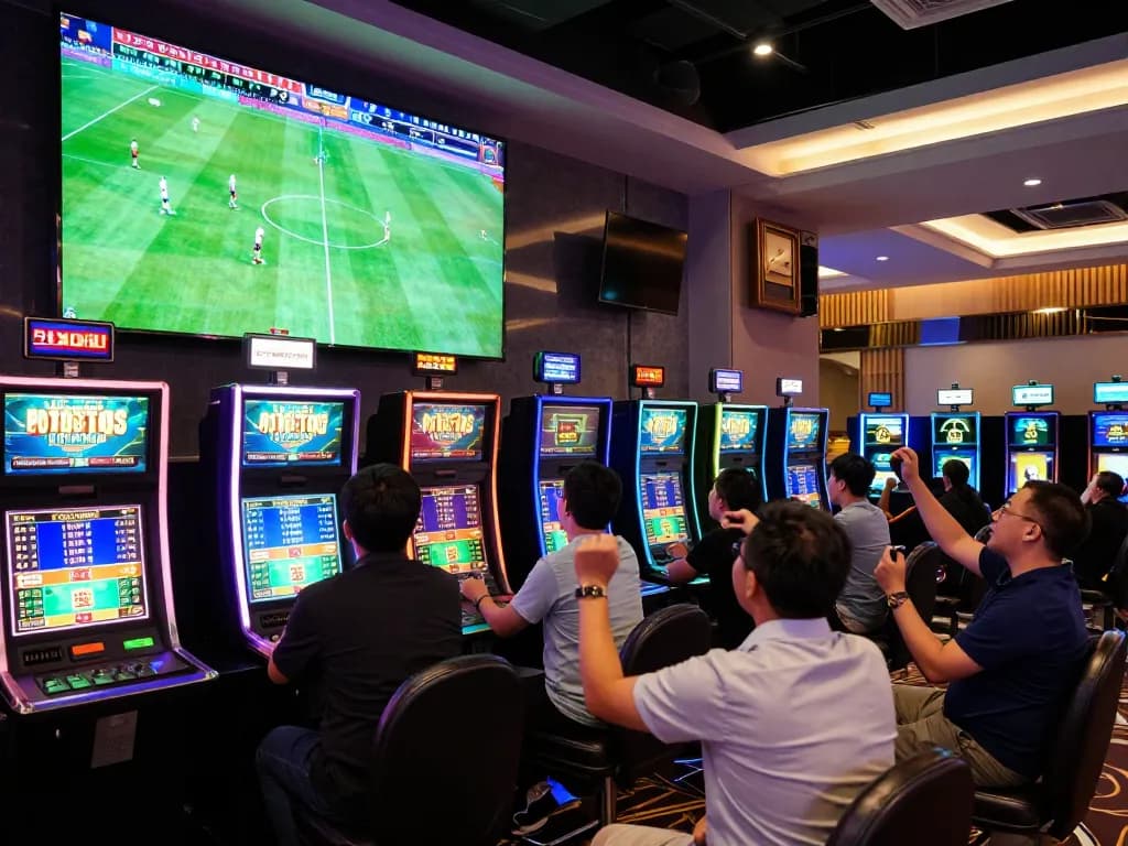 Place bets on kèo bóng đá trực tuyến in a lively modern sports betting area.