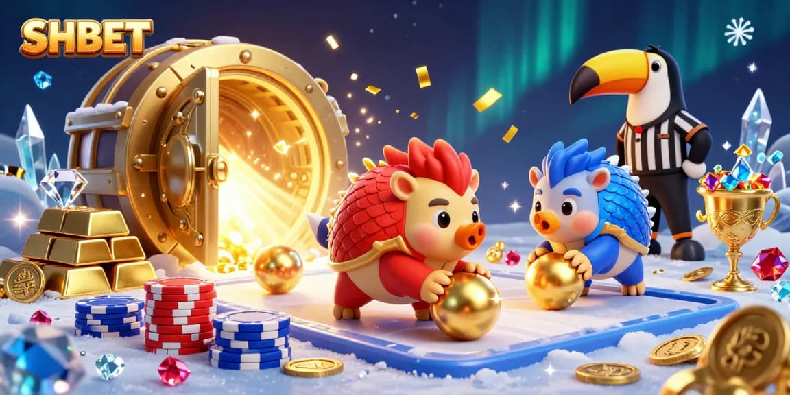 SHBET pangolins bowl through poker chips while surrounded by treasure, gems, and confetti.