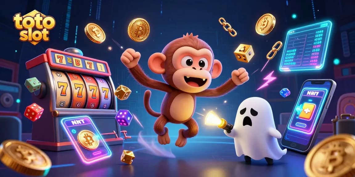 Engage in thrilling toto slot adventures with a playful monkey and ghost-hunter puppy amidst vibrant casino elements.