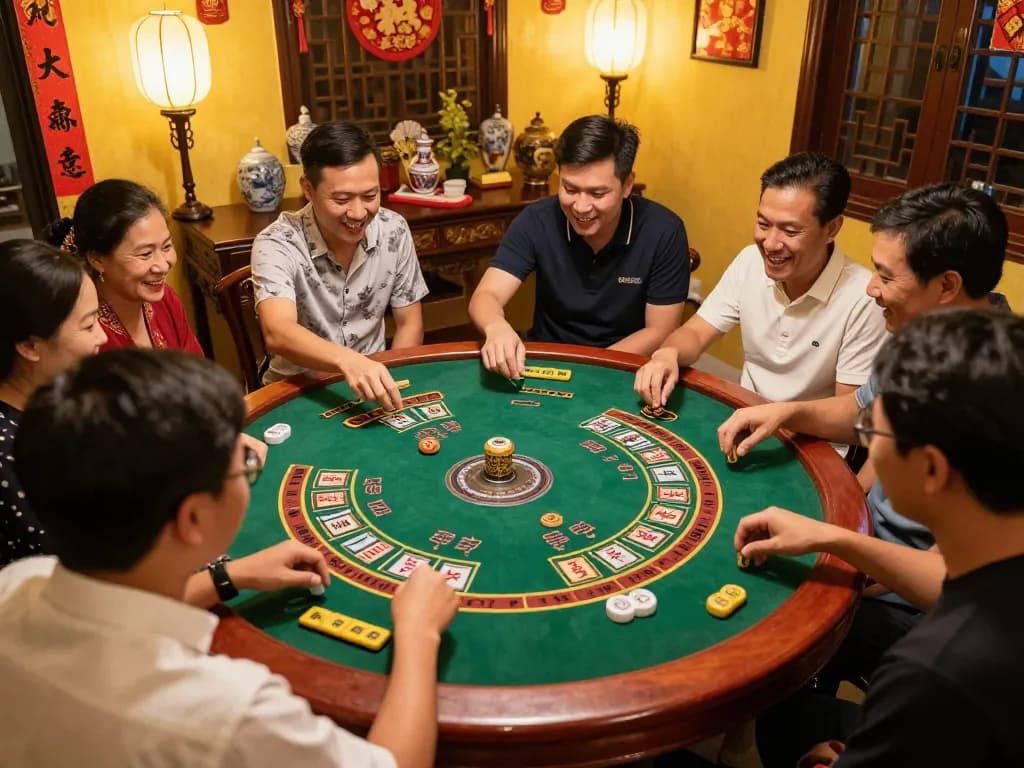 Xóc đĩa players engaging in a lively betting game during a Vietnamese gathering.