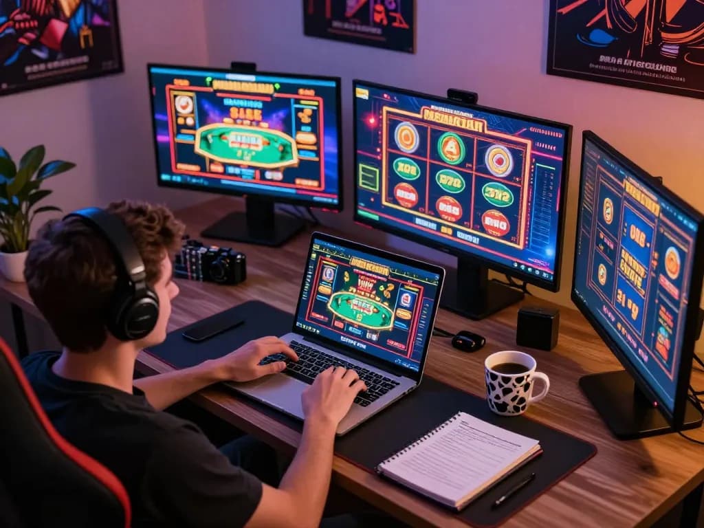 Terlibat dalam permainan online di 88Pulsa dari pengaturan permainan rumah modern, menampilkan kegembiraan kasino dan permainan strategis.