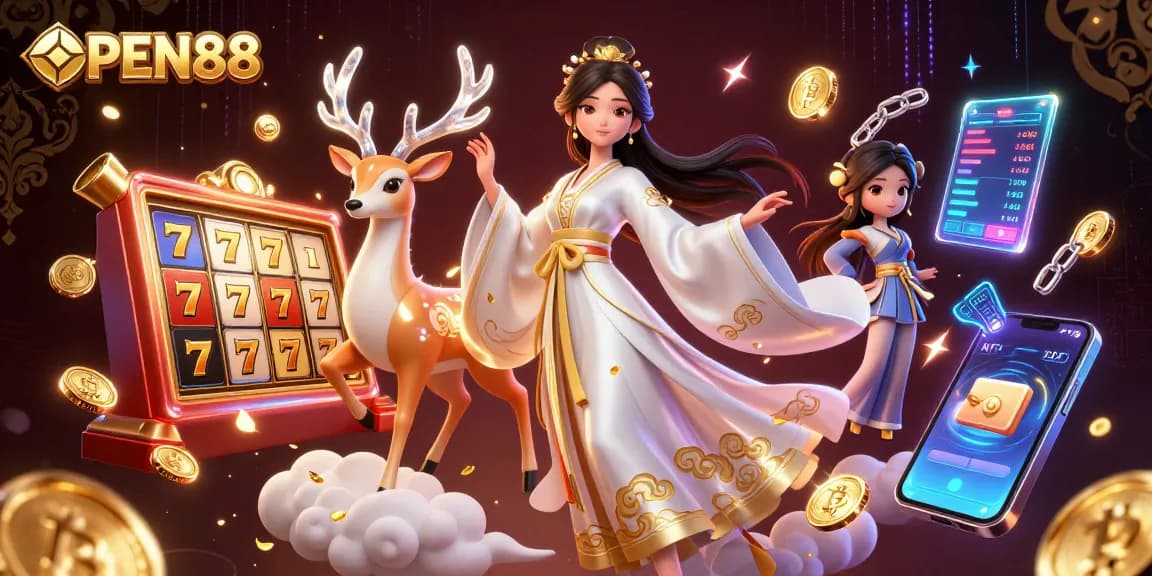 Engage with exciting gaming strategies at OPEN88, featuring captivating slot reels and ethereal visuals.