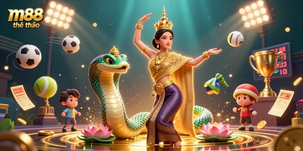 Cá cược trên m88 thể thao với hình ảnh hấp dẫn về thể thao và các yếu tố truyền thống trong một cảnh 3D sống động.